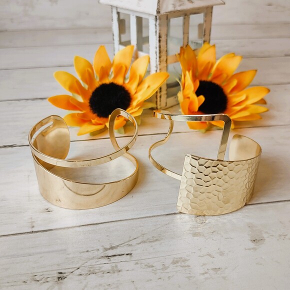 (2) Asymmetrical Gold Tone Cuff Bracelets-Hammered Look, Chic, Elegant - Picture 4 of 13